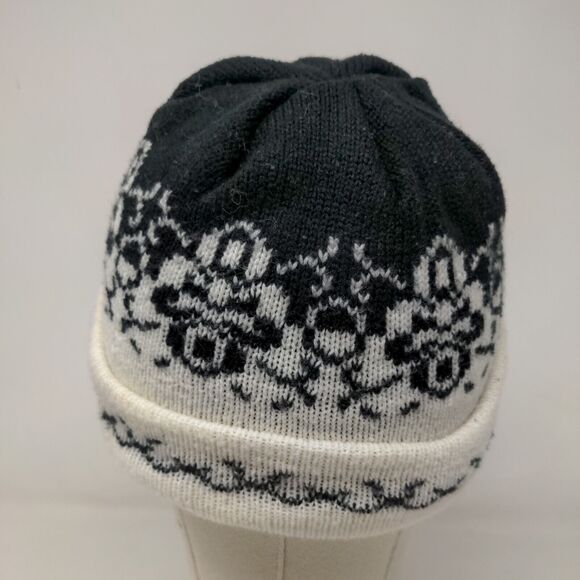 English Village Women's Knit Beanie Hat Cap Black White Fair Isle Acrylic - Picture 6 of 10